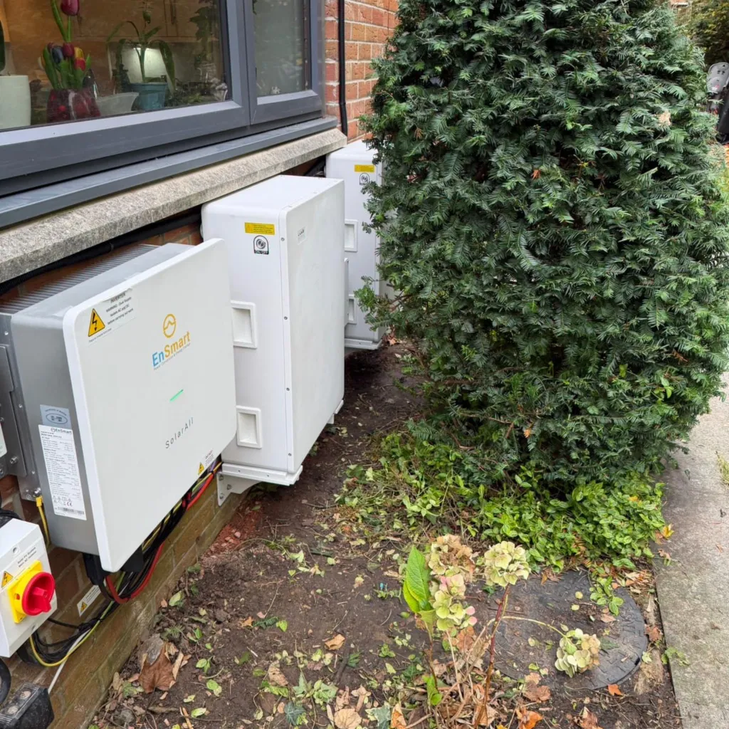 EnSmart SolarAll battery and inverter cabinets on a completed Home Comfort Enterprises installation