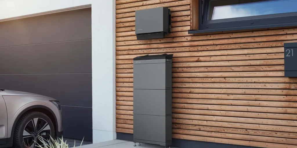 EcoFlow PowerOcean inverter and battery stack installed on a modern home (manufacturer image)