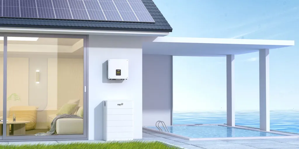 Fox ESS H1 hybrid inverter and stacked battery on the wall of a solar-equipped home (manufacturer image)